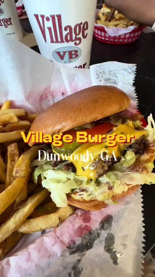 Village Burger in Lawrenceville showing review, double patties, onion rings, blueberry lemonade seltzer, video by chrismomongan on TikTok