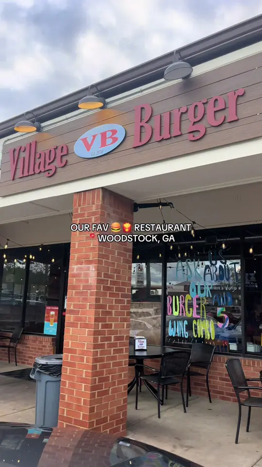 Village Burger in Woodstock showing burger, chicken tenders, casual dining, video by eatswith.em.and.mj on TikTok