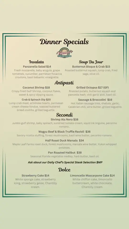 Vincenzo's Italian Bistro in Fort Walton Beach showing dinner specials, atmosphere, video by Vincenzo's Italian Bistro on Facebook