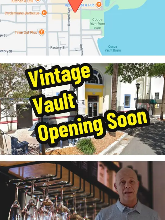 Vintage Vault Cocoa Village Fl in Cocoa showing restaurant opening, vintage bank building, small plates, full bars, pimento cheese, shrimp cocktail, video by eric_larkin on TikTok