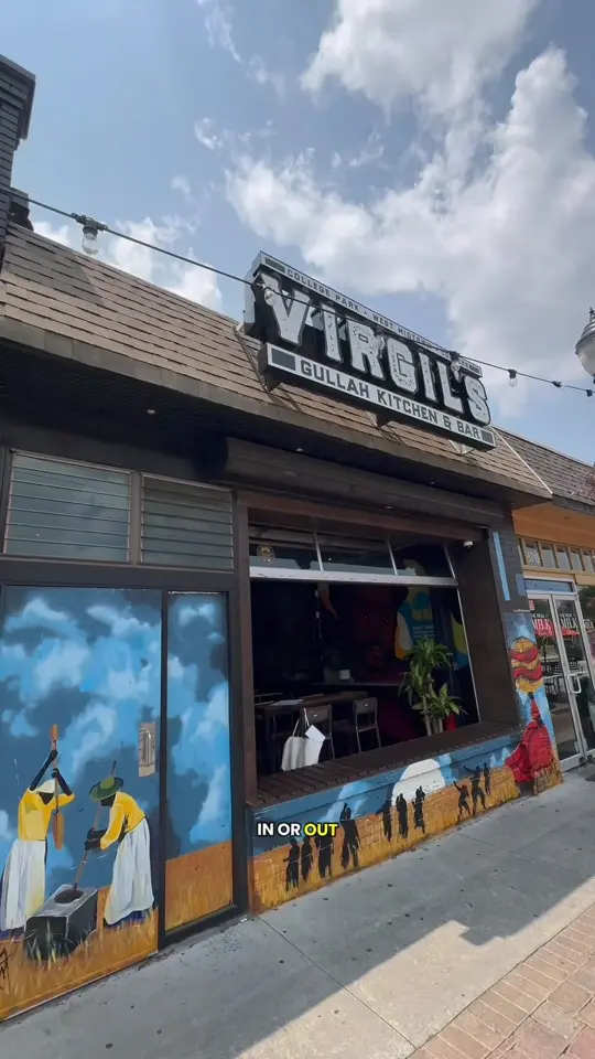 Virgil's Gullah Kitchen & Bar Airport in College Park showing restaurant visit, southern dishes, bussin' muffin, video by The Kay Davis on Facebook