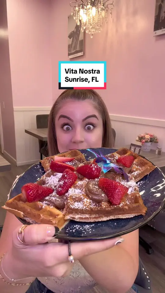 Vita Nostra Bakery Bistro in Sunrise showing food, croque madame / food, nutella waffles / food, empanadas / food, empamessi / drink, nutella cream coffee, video by hungryqbans on TikTok
