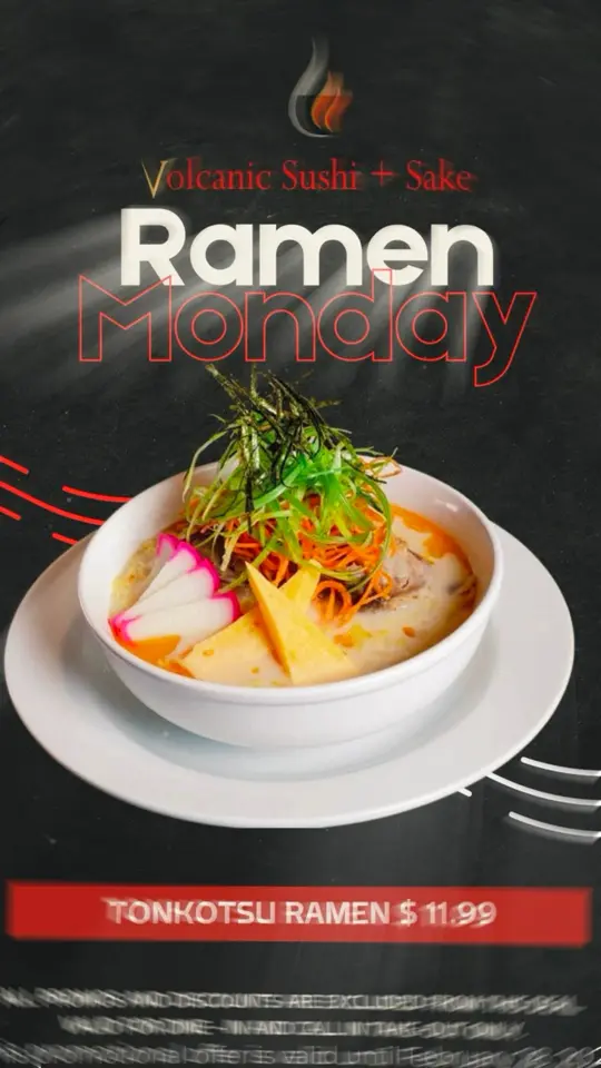 Volcanic Sushi + Sake in Gainesville showing food, tonkotsu ramen, video by Volcanic Sushi + Sake At Haile Village C on Facebook
