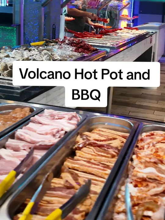 Volcano Hot Pot & BBQ I-Drive in Orlando showing hot pot, korean bbq, meats, seafood, vegetables, diy sauce bar, video by tg_lee on TikTok