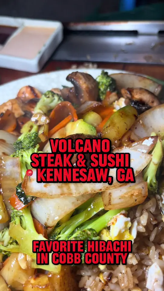 Volcano Steak & Sushi in Kennesaw showing review, visit, food, huge portions, teriyaki sauce, video by twocentsliyah on TikTok