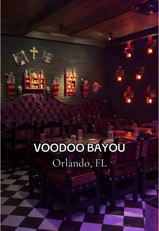Voodoo Bayou in Orlando showing visit, review, cocktail, turbo espresso, cocktail, snake oil salesman, cocktail, the mistress, food, bbq shrimp, food, fried green tomatoes, food, corn bread, f, video by _adatewithkait on TikTok