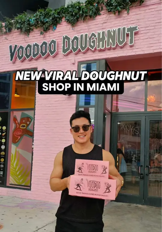 Voodoo Doughnut in Miami showing doughnuts, maple bacon bar, the homer, berry go-tart, marshall mathers, blazer blunt, video by zackaryeats on TikTok