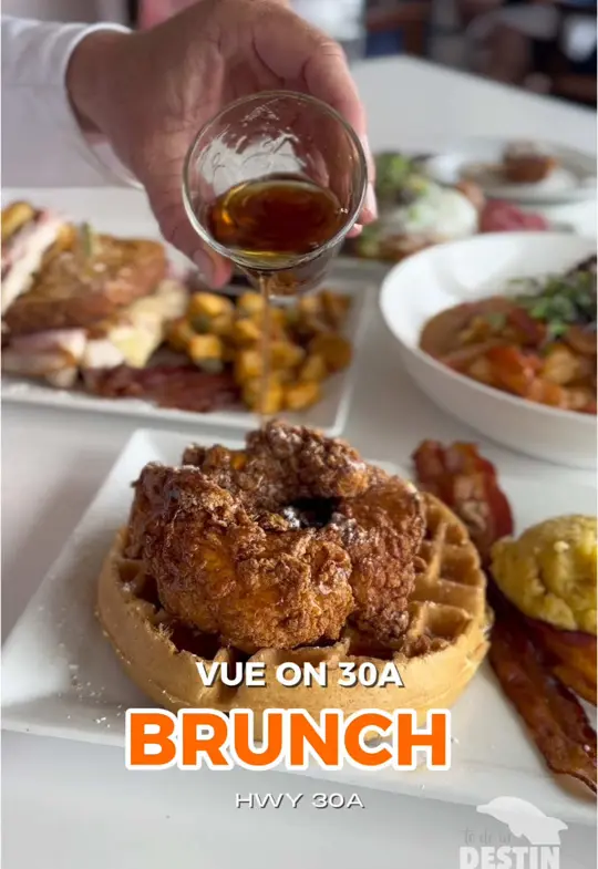 Vue on 30a in Santa Rosa Beach showing brunch, bottomless mimosas, monte cristo sandwich, dj, live music, video by todoindestin on TikTok