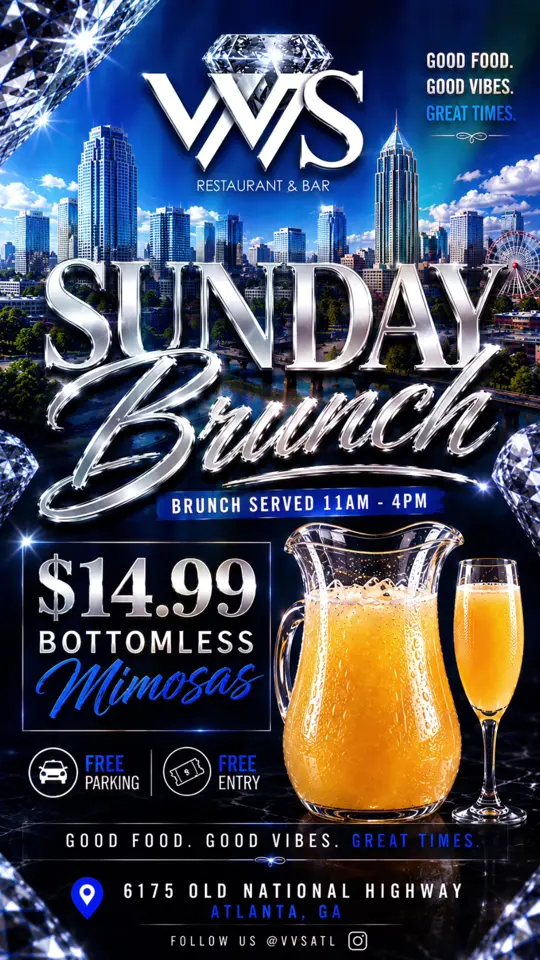 VVS Restaurant & Bar in Atlanta showing brunch, bottomless mimosas, shrimp & grits, fried lobster, chicken & red velvet waffles, oxtails, video by vvs_atl on TikTok