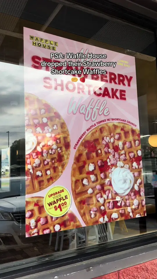 Waffle House in Doraville showing food, strawberry shortcake waffles, video by travelfoodie_ishy on TikTok