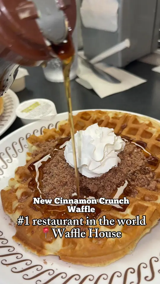 Waffle House in Madison showing review, visit, food, cinnamon crunch waffle, video by planes_and_plates on TikTok