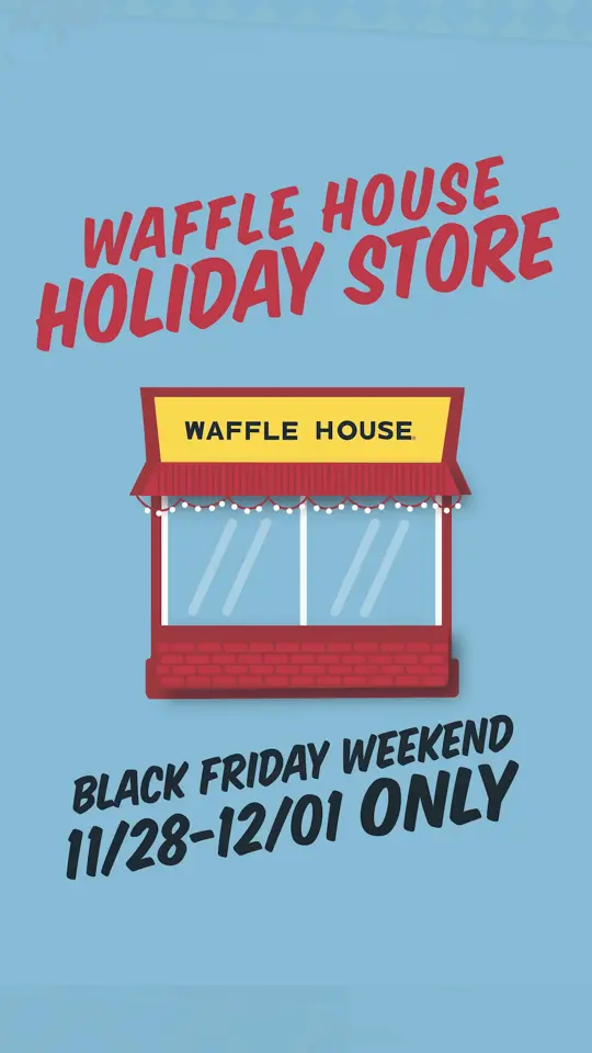 Waffle House in Peachtree City showing holiday merch shop, waffles, free food, video by wafflehouse on TikTok