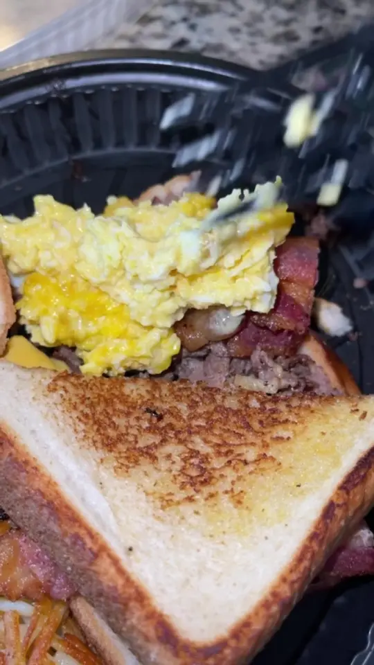 Waffle House in Sandy Springs showing food, bacon egg and cheese, video by howtofoodgasm on TikTok