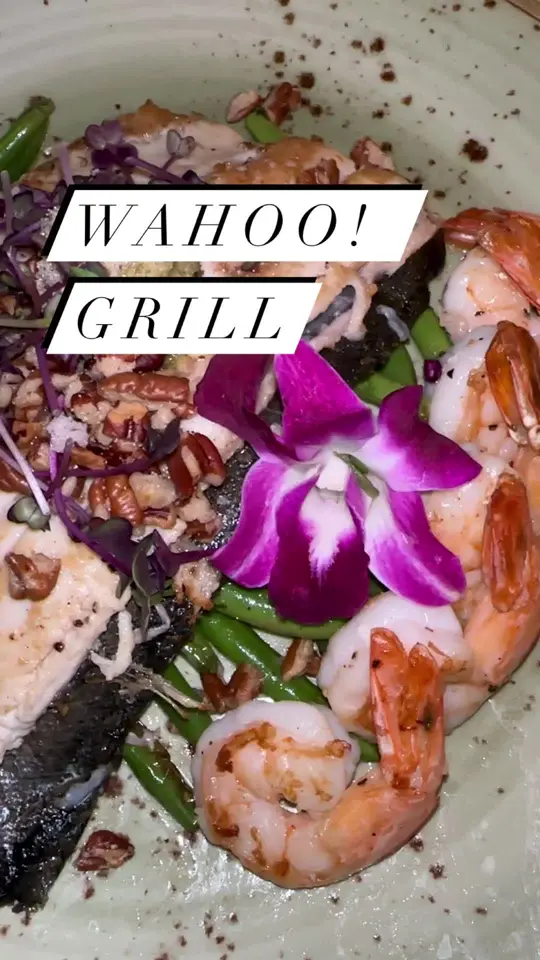 Wahoo! Grill in Decatur showing food, crab bisque / food, fried green tomatoes / food, bbq georgia coast shrimp / food, pearson farm peach salad, video by servinglooksatl on TikTok