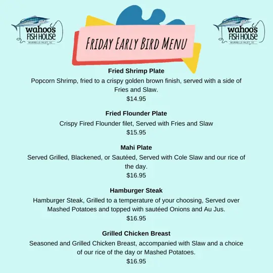 Wahoo's River Bar and Grill in Naples showing early bird menu, friday night dinner, video by Wahoo's Fish House on Facebook