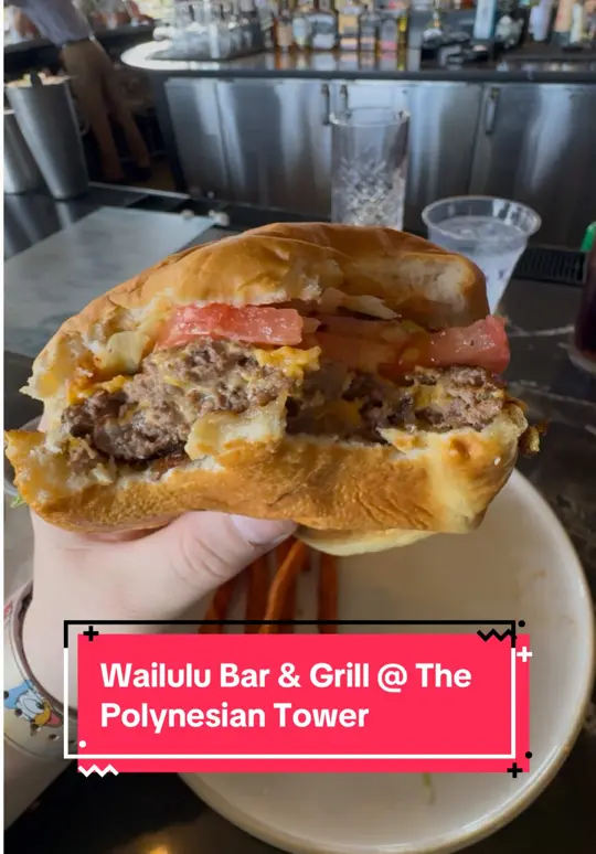 Wailulu Bar & Grill in Lake Buena Vista showing food review, wayfinder burger, video by britsasmallworld on TikTok