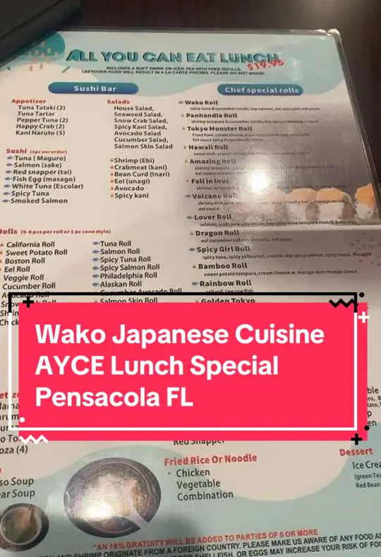 Wako Japanese Cuisine in Pensacola showing lunch special, video by alleybenz on TikTok