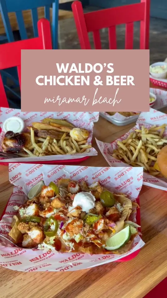 Waldo’S Chicken & Beer in Miramar Beach showing review, fried chicken, rotisserie chicken, southern sides, frozen margaritas, wine, draft beers, video by destinsnapshots on TikTok