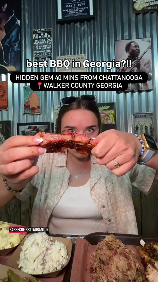 Wardlaw's Lucky Eye Q in LaFayette showing review, visit, barbecue, 5 meat sampler, video by webbchatts on TikTok