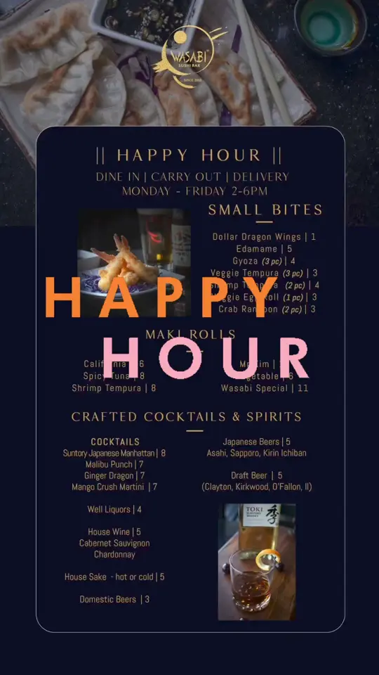 Wasabi in Douglasville showing happy hour menu, video by Wasabi Sushi Bar on Facebook