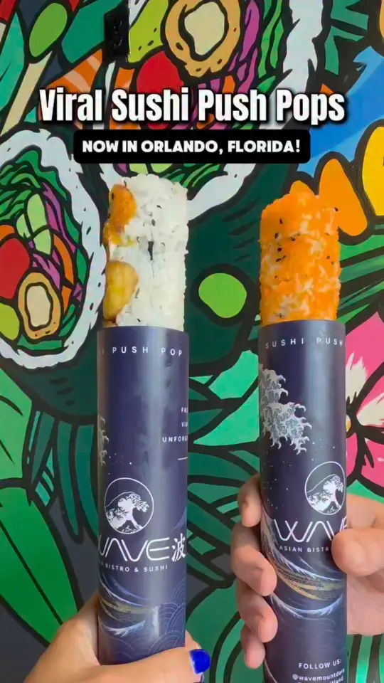 WAVE Sushi in Maitland showing food, sushi push pop rolls, video by Never Bored in Orlando on Facebook