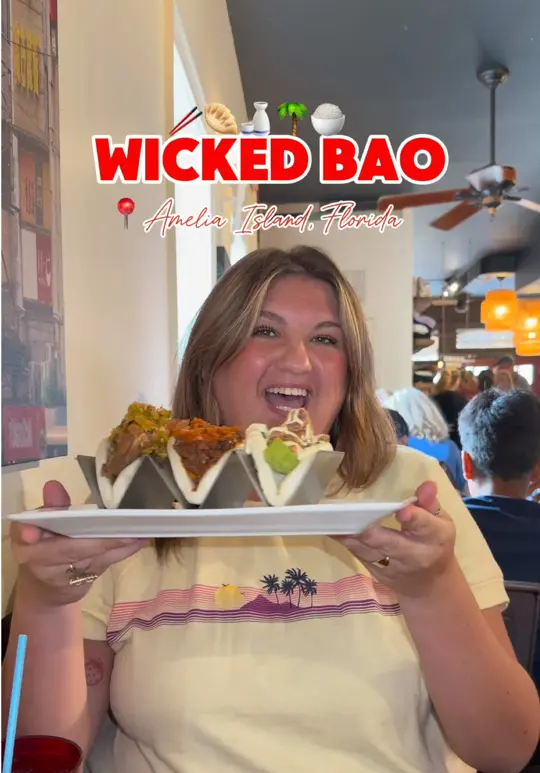 Wicked Bao in Fernandina Beach showing review, crispy rice tots, corn ribs, bao trio, kimchi beef fried rice, indian curry veggies rice, ahi tuna poke, video by mangiawithtay on TikTok