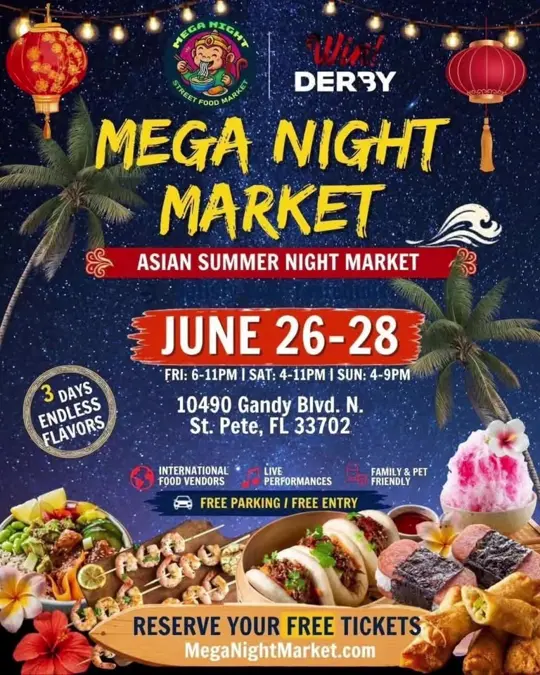 Win! Derby at Historic Derby Lane St Petersburg in St. Petersburg showing event, asian summer night market food fest, dj, live entertainment, asian street food, video by meganightmarket on TikTok