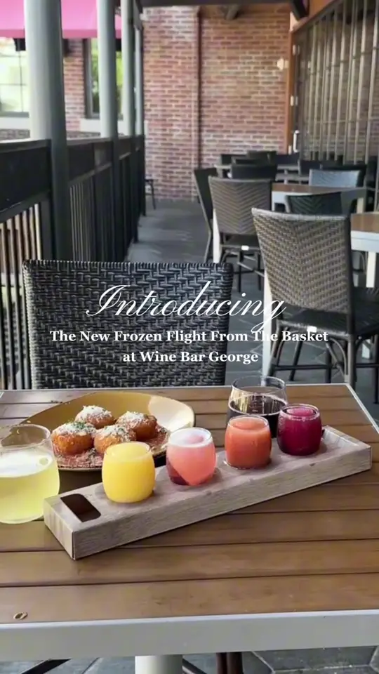Wine Bar George - A Restaurant & Bar in Lake Buena Vista showing cocktail, frozen flight, frosé, freaujolais, frozcato, cold fashioned, hurricane, dreamsicle, video by winebargeorge on TikTok