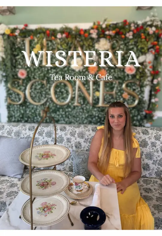 Wisteria Tea Room & Café in Fort Myers showing restaurant visit, ambiance, dessert, salted caramel cheesecake brownie, key lime crème brûlée, orange lavender cupcake, video by ariannavandeusen5 on TikTok