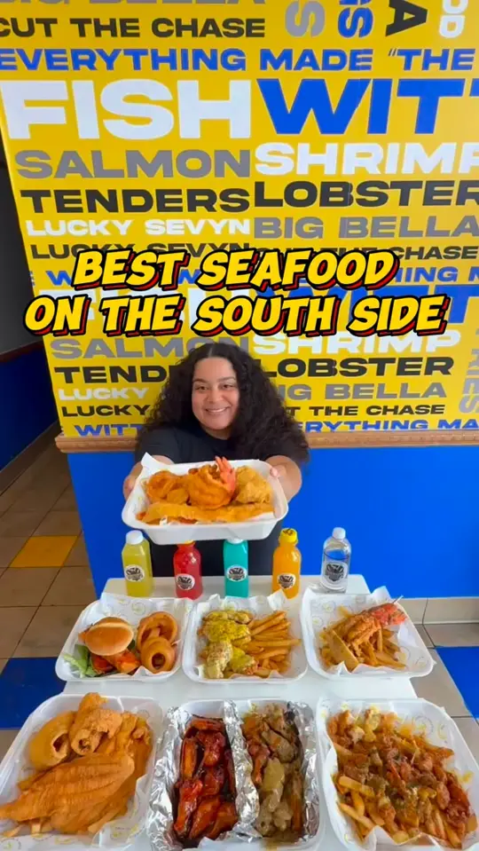 Wittys Seafood and Wings in Forest Park showing seafood, lobster tail lollipop, lemon pepper butter, wings, catfish, whiting, fried salmon sandwich, video by gourmetangiie on Facebook