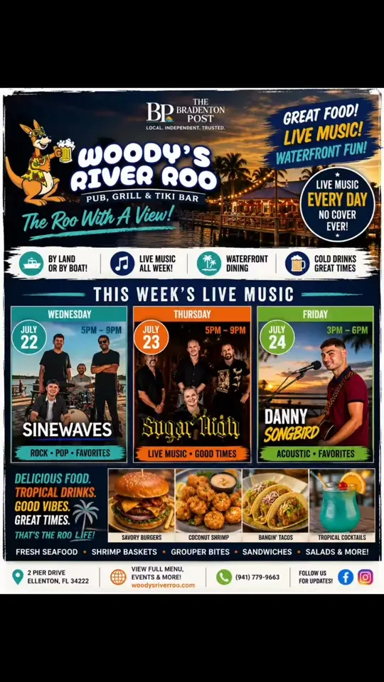 WOODY’S RIVER ROO PUB, GRILL & TIKI BAR in Ellenton showing live music, waterfront views, atmosphere, video by The Bradenton Post on Facebook