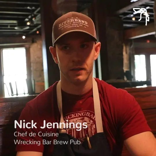 Wrecking Bar Brewpub in Atlanta showing chef, local farms, cooking, restaurant visit, video by Farm'd on Facebook