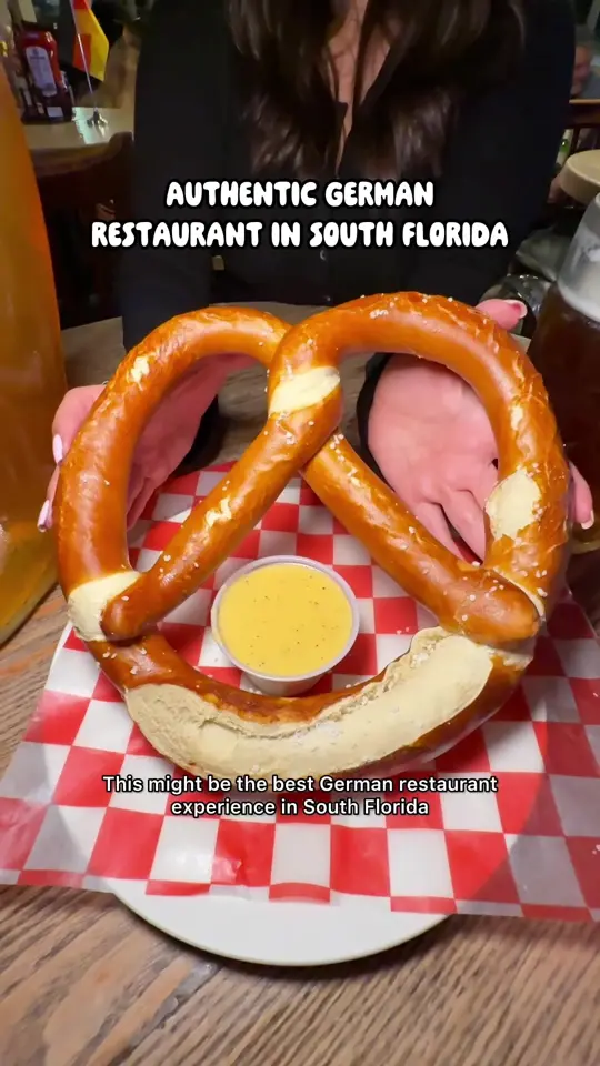 Wunderbar German Kitchen & Biergarten in Davie showing review, beer boot, oversized pretzel, bavarian platter, jaeger schnitzel, apple strudel, video by iviethefoodie on TikTok