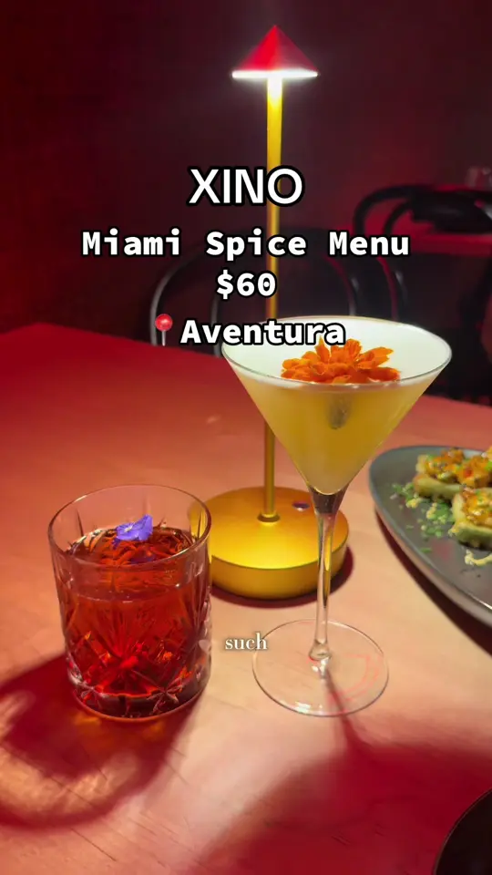 XINO (Modern Chinese) in Aventura showing cocktail, negroni with sesame infused gin, cocktail, mezcal sour with rhubarb liquor, dinner, miami spice menu, video by foodiefaby on TikTok
