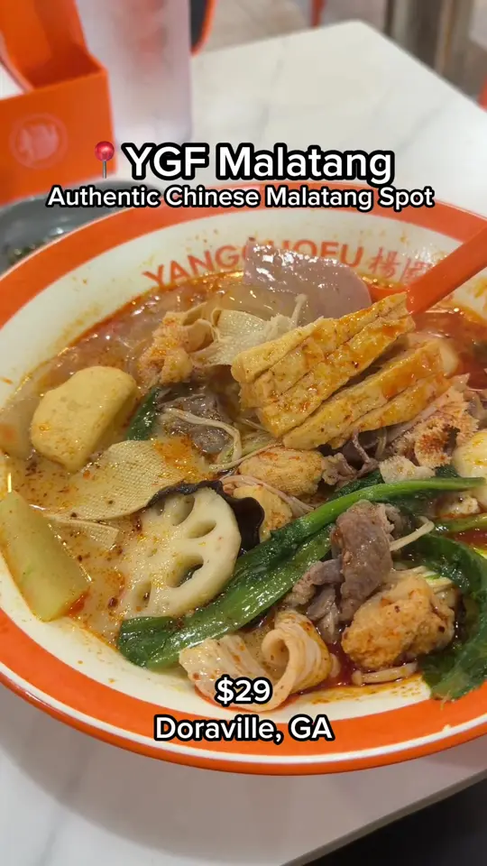 YGF Malatang in Doraville showing food review, malatang, herbal broth, beef brisket, fuzhou fish balls, enoki mushrooms, beef tripe, video by mis.shelly on TikTok