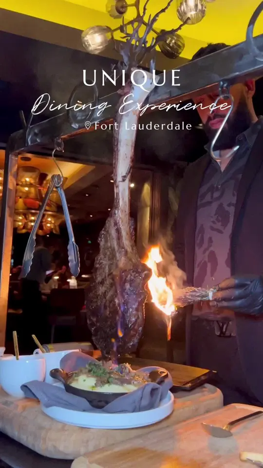 YOLO in Fort Lauderdale showing food, octopus in embers, food, szechuan calamari, food, tomahawk ribeye steak, food, donut tree, video by fashion.eat.travel on TikTok