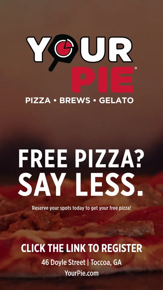 Your Pie in Toccoa showing event, free pizza promotion, video by Your Pie Toccoa on Facebook