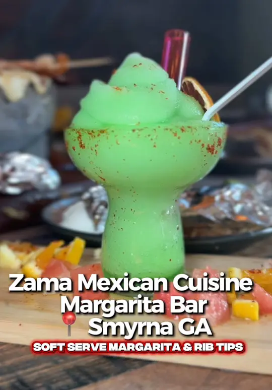 Zama Mexican in Smyrna showing review, visit, margaritas, tacos, ribs, soft serve margarita, video by twocentsliyah on TikTok