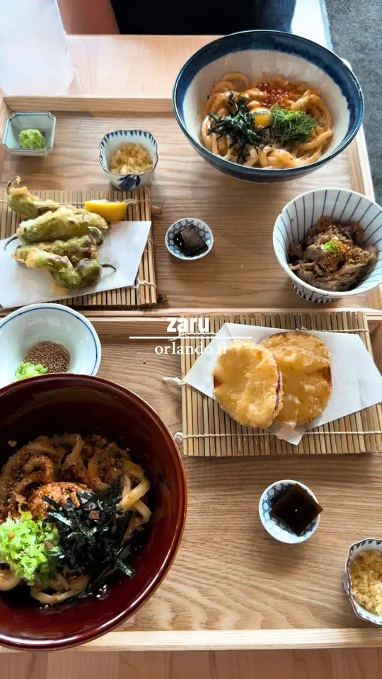 Zaru in Orlando showing udon, uni udon, miso tantan udon, ikura onsen, video by rerecraves on TikTok