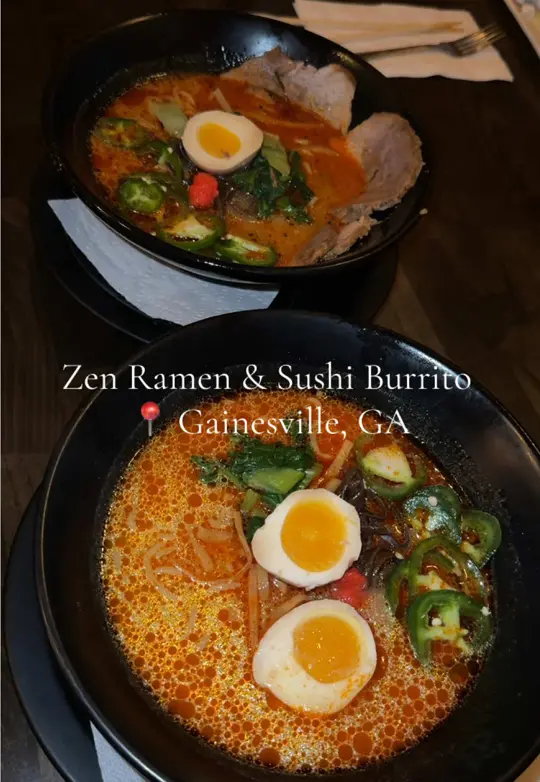 Zen Ramen and Sushi Burrito in Gainesville showing review, atmosphere, service, pork katsu, chicken katsu, ramen, video by val4hunnid on TikTok