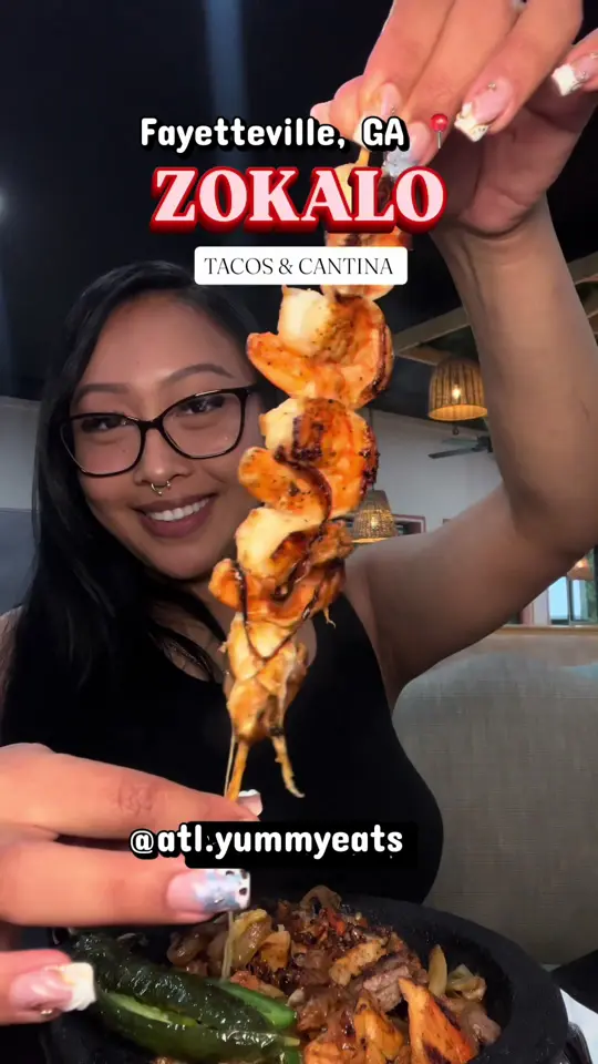 Zokalo Tacos & Cantina in Fayetteville showing appetizer, steak quesadilla, chicken chimichanga, birria flauta, chef's specialty texas molcajete, shrimp, chicken, steak, mexican chorizo,, video by atl.yummyeats on TikTok